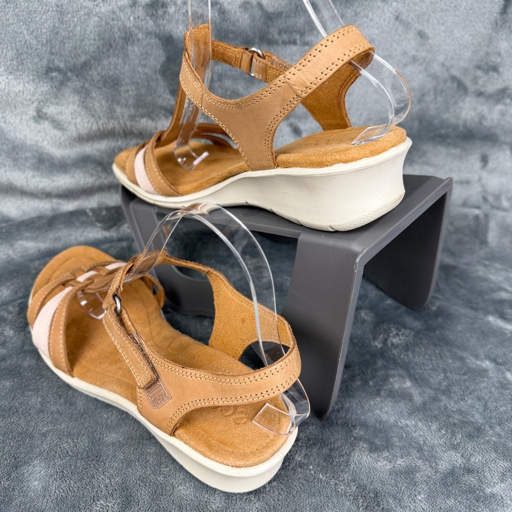 ECCO Tan Leather T-Strap Ankle Strap Wedge‎ Sandals Women's Size EU 41 US 10 - Picture 8 of 11